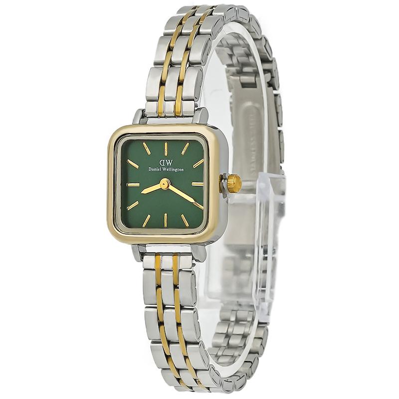 ساعت مچی دنیل ولینگتون زنانه مربعی صفحه سبز بند طلایی نقره ای
