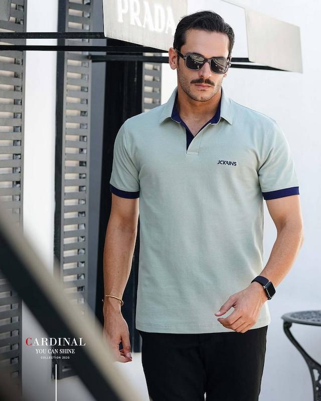 تیشرت مردانه یقه دار جودون آبی کبریتی