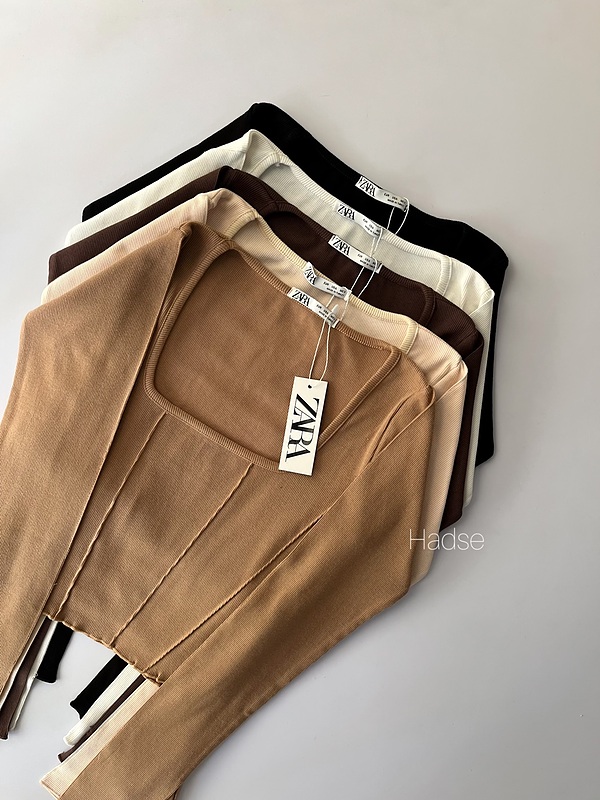 کراپ یقه خشتی آستین چاکدار zara