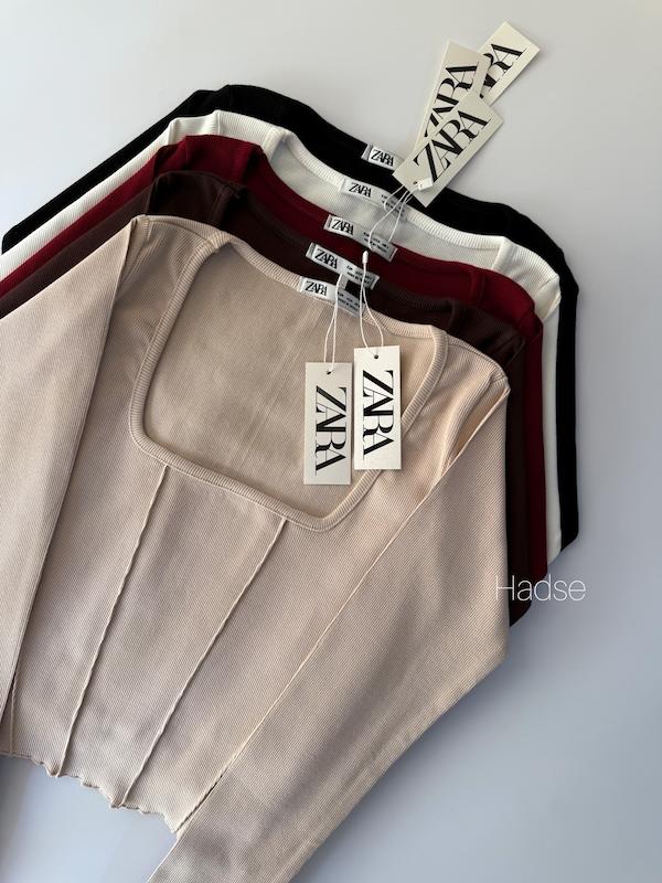 کراپ یقه خشتی آستین چاکدار zara