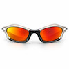 نمای روبه‌روی عینک Oakley Splice با لنز آینه‌ای قرمز نارنجی و فریم مشکی با جزئیات نقره‌ای