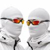 نمای روبه‌روی عینک Oakley Splice با لنز آینه‌ای قرمز نارنجی و فریم مشکی با جزئیات نقره‌ای