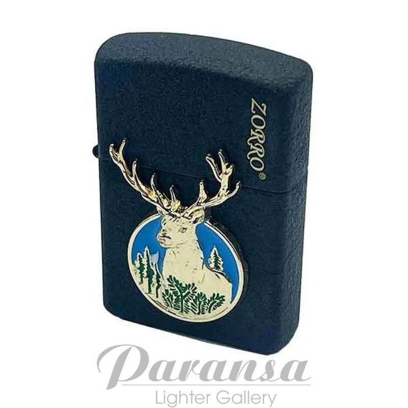 فندک زورو طرح گوزن با دو رنگ طلایی و مشکی اسفالتی، بدنه مقاوم و مکانیزم سنگ و چخماق