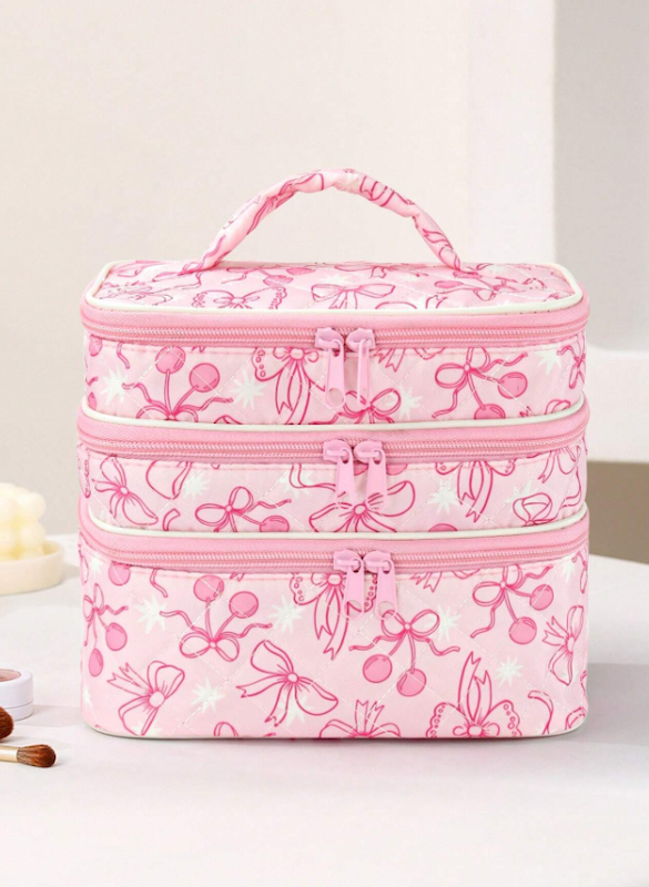 کیف لوازم آرایشی سه لایه طرح گیلاس و پاپیون (TAR-48-SHEIN)