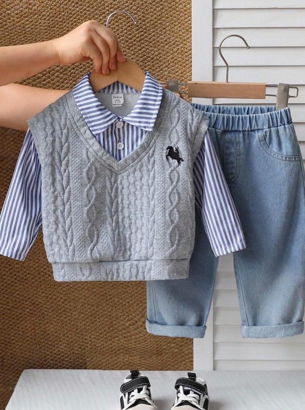 ست دوتیکه لباس آستین بلند با جلیقه و شلوار جین پسرانه (6 ماه تا 3 سال) (naf.shein.81.34)