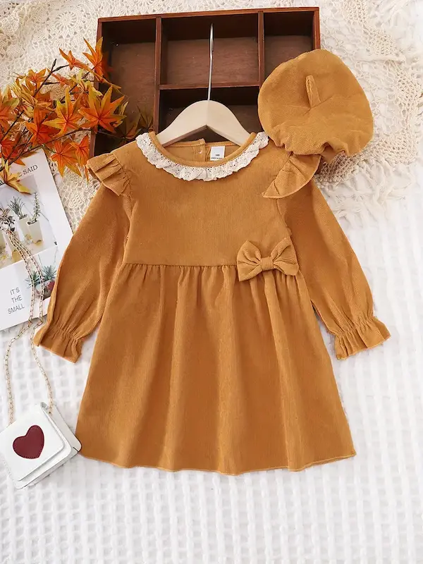 پیراهن پاییزی شیک دخترانه با پاپیون و لبه چین‌دار و کلاه ست(1 تا 8 سال) (Peg-26-TM)