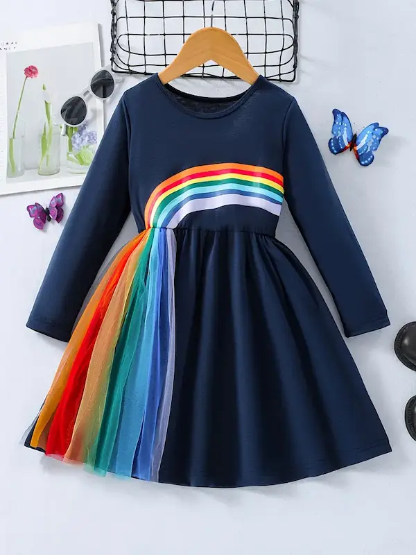 پیراهن دخترانه رنگین‌کمانی آستین‌بلند با دامن تور(4 تا 7 سال) (Peg-27-TM)