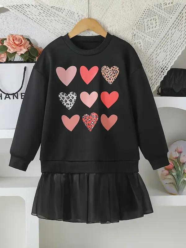 لباس دخترانه یقه‌تور طرح قلب(۵ تا ۱۴سال)(Peg-32-TM)