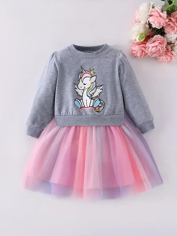 پیراهن آستین‌بلند دخترانه با تور و بافتنی(1 تا 8 سال) (Peg-28-TM)