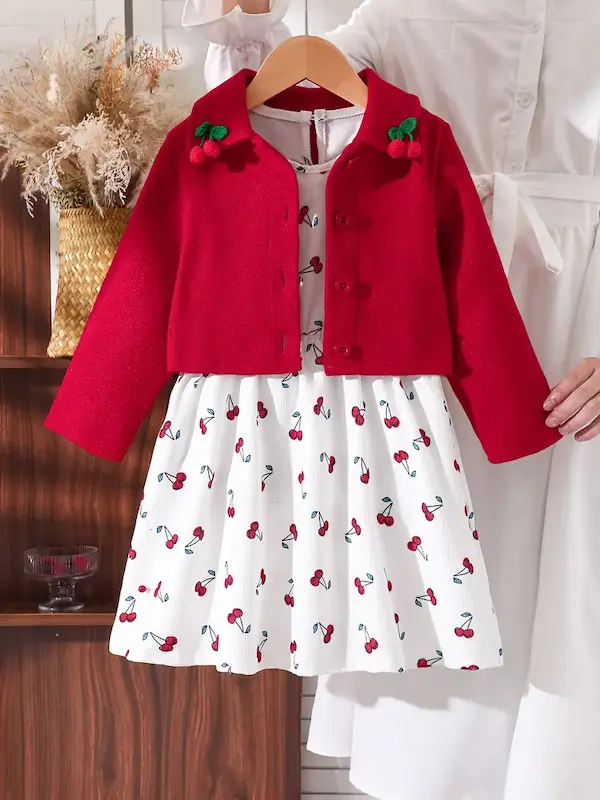 ست کت و جلیقه پاییز و زمستان دخترانه با طرح گیلاس(3 تا 7سال) (Peg-37-TM)