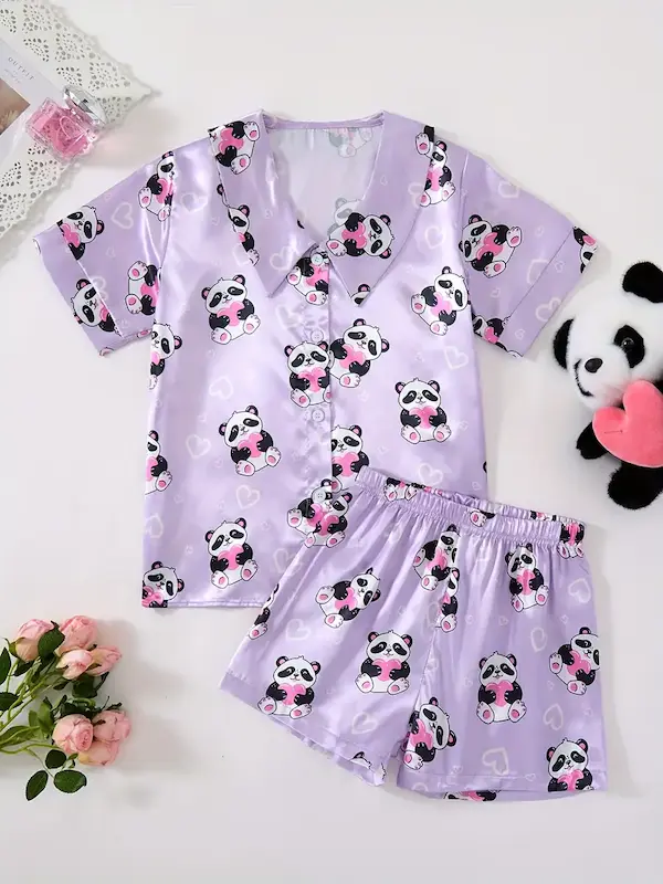 ست دو تکه لباس خواب دخترانه شلوارک و تیشرت آستین کوتاه با طرح پاندا (5 تا 14سال) (Peg-24.88-TM)
