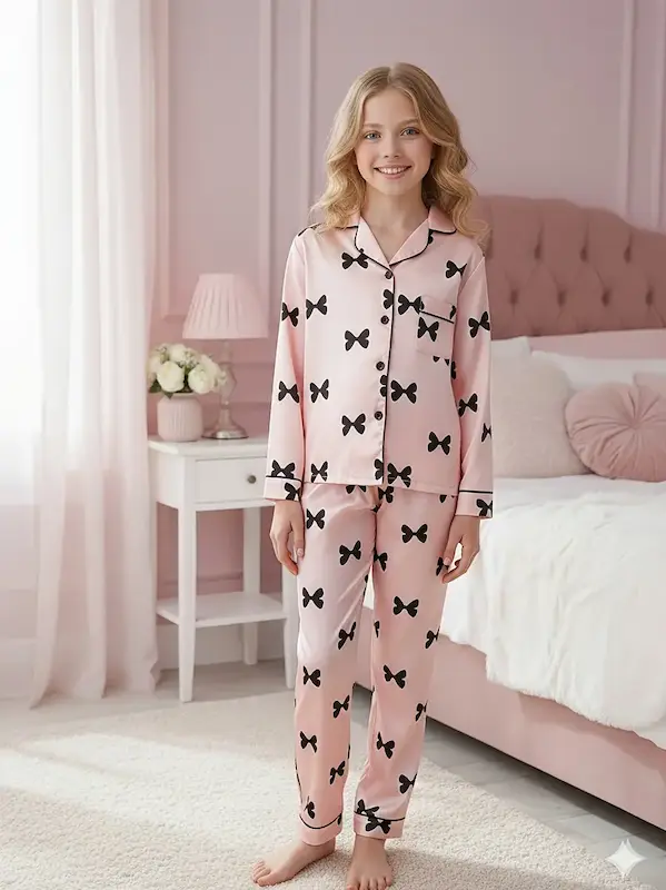 ست دو تکه دخترانه پیراهن آستین بلند و شلوار با طرح پاپیون (7 تا 14 سال)(Peg-30.30-TM)