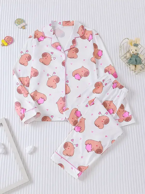 ست لباس خواب دو تکه دخترانه کارتونی با طرح قلب(8 تا 12 سال) (Peg-38.02-TM)