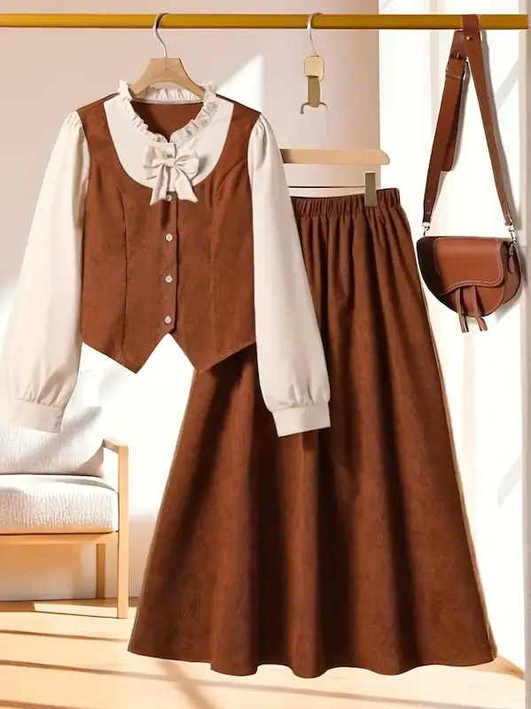 ست بلوز و دامن دخترانه بهاری و پاییزی با طراحی هنری و پاپیون ظریف(13 تا 16سال)(Peg-58-TM)