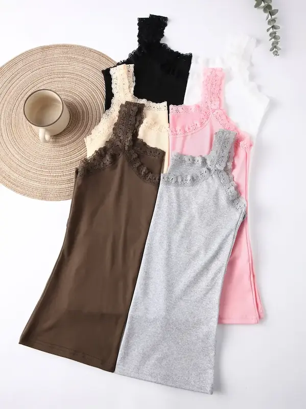 ست ۶ عددی تاپ ساده زنانه با یقه گرد و لبه توری(سایز S تا XXL) (Peg-34.62-TM)