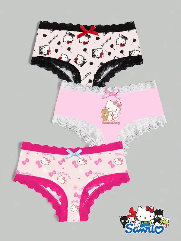 ست سه‌تکه لباس زیر زنانه هلو کیتی با پاپیون صورتی و چاپ حروف(سایز S تا L) (Peg-20-TM)
