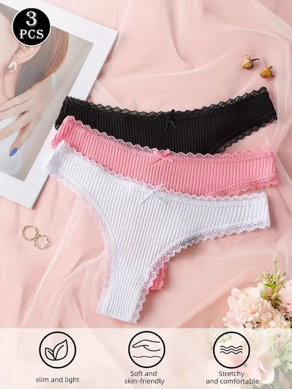 ست سه‌تایی شورت زنانه فانتزی با لبه توری و طرح پاپیون (سایز S تا XL) (Peg-12-TM)