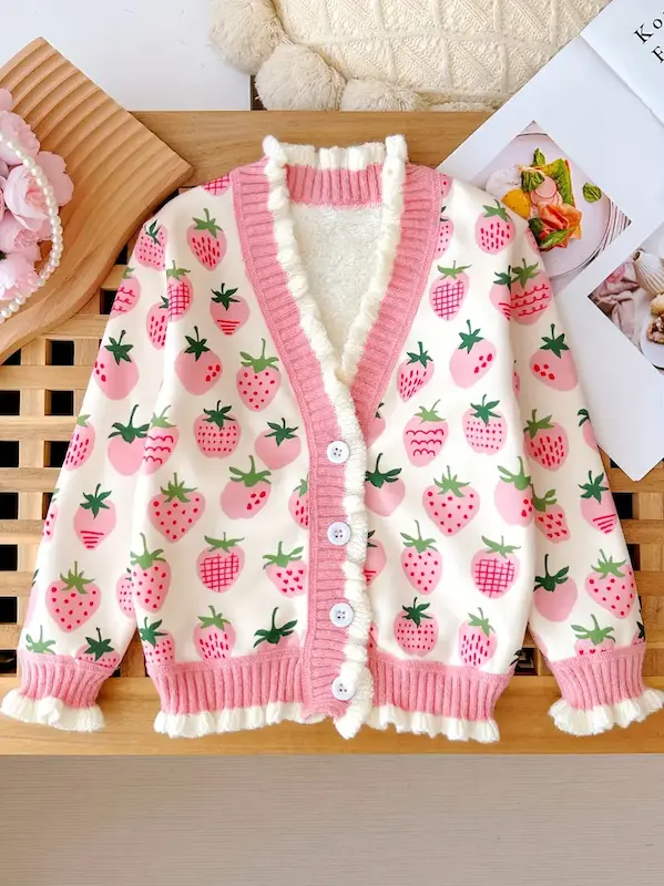 ژاکت بافتنی دخترانه صورتی طرح توت‌فرنگی با دکمه‌های فانتزی(سایز 1 تا 14سال) (Peg-37.96-TM)