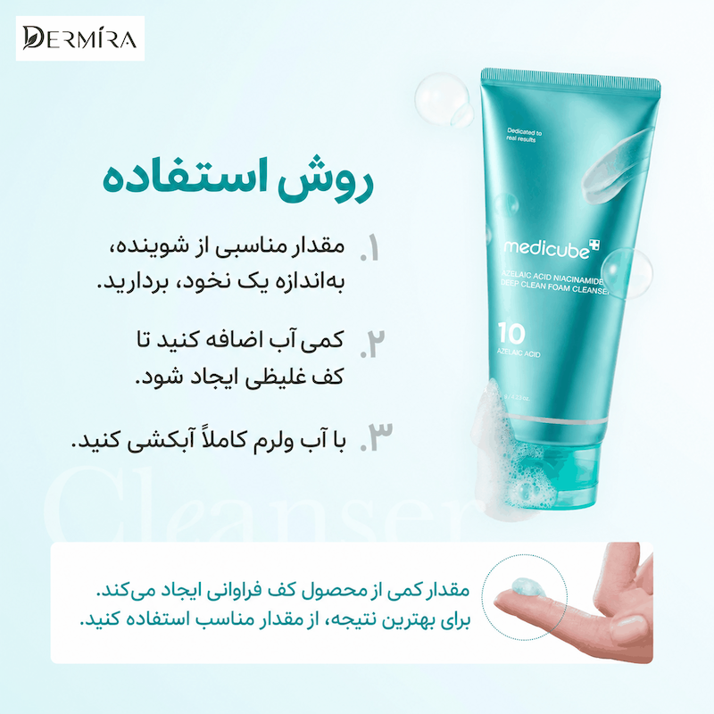 روش استفاده فوم شوینده آزلائیک اسید و نیاسینامید مدیکیوب وزن 120 گرم