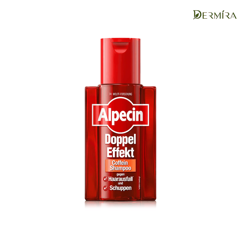 بطری شامپو کافئین دابل افکت آلپسین ۲۰۰ میلی‌لیتر با برچسب محصول در نمای روبه‌رو