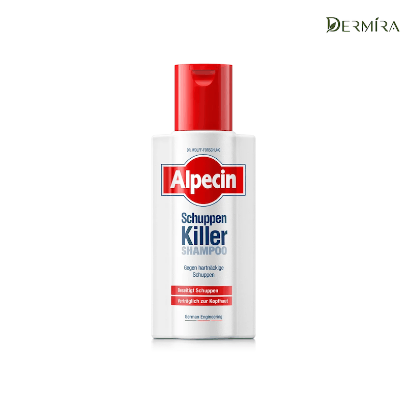 نمای روبه‌روی بطری شامپو ضدشوره آلپسین Dandruff Killer با برچسب Alpecin