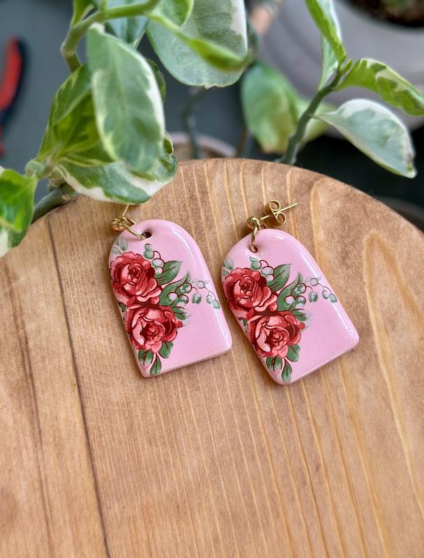 گوشواره سرامیکی گل سرخی طاقی صورتی