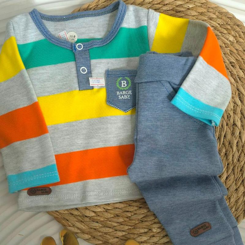 بلوز شلوار برگ سبز مدل راه راه پهن 0-1 سال کد 11701