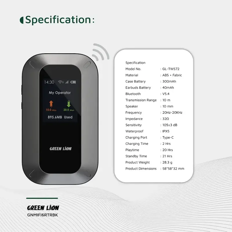 مودم روتر قابل حمل گرین لاین، Portable MiFi Router، روتر همراه Wi-Fi 6، مودم LTE قابل حمل، روتر 4G LTE، مودم سیم‌کارتی برای سفر، Wi-Fi همراهGNMIFI6RTRBK با گارانتی
