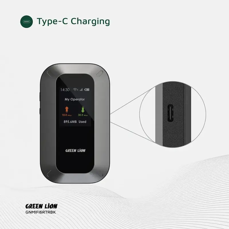 مودم روتر قابل حمل گرین لاین، Portable MiFi Router، روتر همراه Wi-Fi 6، مودم LTE قابل حمل، روتر 4G LTE، مودم سیم‌کارتی برای سفر، Wi-Fi همراهGNMIFI6RTRBK با گارانتی