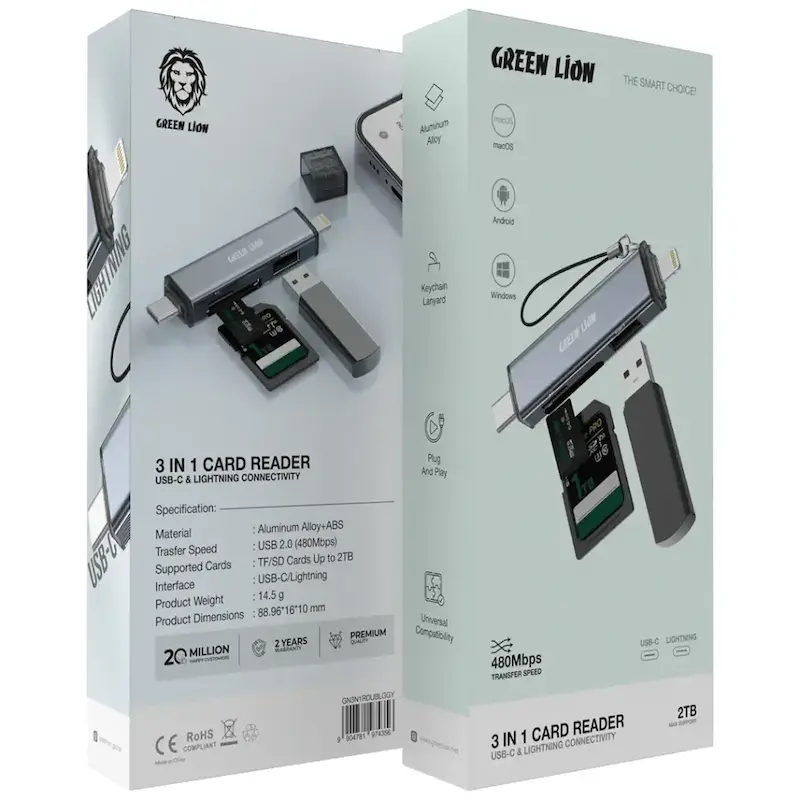 رم ریدر گرین لاین، رم ریدر آیفون و اندروید، RAM Reader USB-C Lightning، رم ریدر 3 در 1، GN3N1RDUBLGGY، رم ریدر موبایل با گارانتی