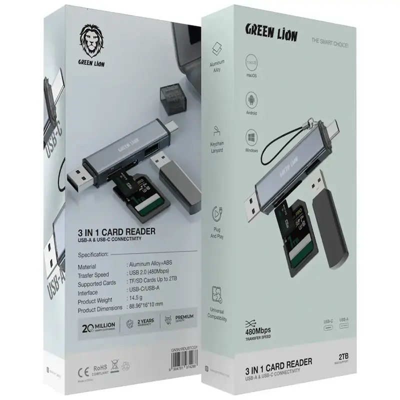 رم‌ریدر گرین لاین، Green Lion 3-in-1 Card Reader، رم ریدر USB-A و USB-C، GN3N1RDUBTCGY، کارت‌خوان همه‌کاره، انتقال فایل سریع با گارانتی