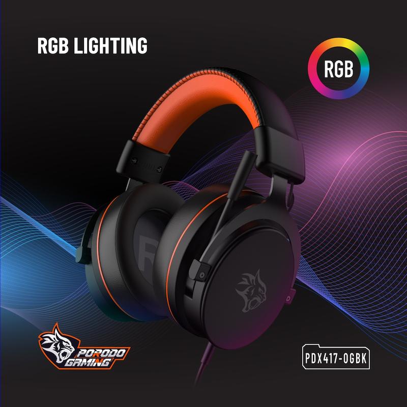 هدفون گیمینگ پرودو، Porodo PDX417 RGB Gaming Headphones، هدفون بازی مشکی، هدفون حرفه‌ای گیمینگ، RGB Gaming Headset