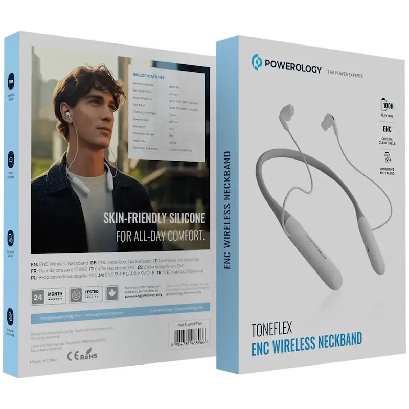 هندزفری بلوتوث گردنی پاورولوژی، Powerology Toneflex ENC Wireless Neckband، هدفون گردنی بی‌سیم Powerology، هدفون Bluetooth V5.3، هندزفری با عمر باتری بالا، هدست گردنی شارژی  PWLAUWNKBBK با گارانتی