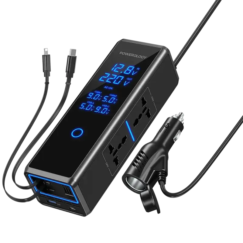 اینورتر برق خودرو Powerology، Powerology 300W x2 AC Socket Car Power Inverter، اینورتر خودرو 300 وات، مبدل برق خودرو، اینورتر فندکی، اینورتر USB-C و USB-A شارژ سریع PWCPI300WBK با گارانتی