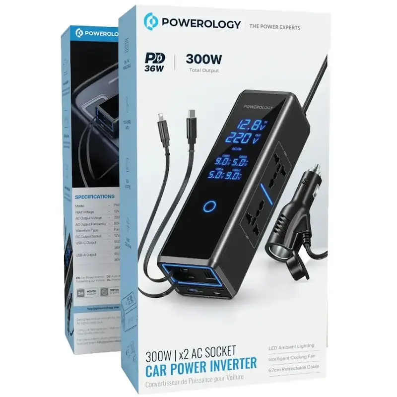 اینورتر برق خودرو Powerology، Powerology 300W x2 AC Socket Car Power Inverter، اینورتر خودرو 300 وات، مبدل برق خودرو، اینورتر فندکی، اینورتر USB-C و USB-A شارژ سریع PWCPI300WBK با گارانتی