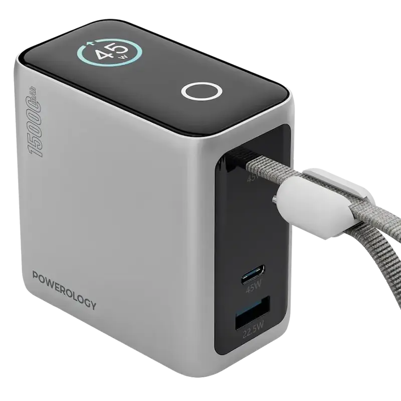 پاوربانک 15000mAh، Powerology پاوربانک، پاوربانک PD 45W، پاوربانک QC 22.5W، شارژر همراه سریع، پاوربانک کوچک و جمع‌وجور PPBCHA60BK | PPBCHA60GY با گارانتی