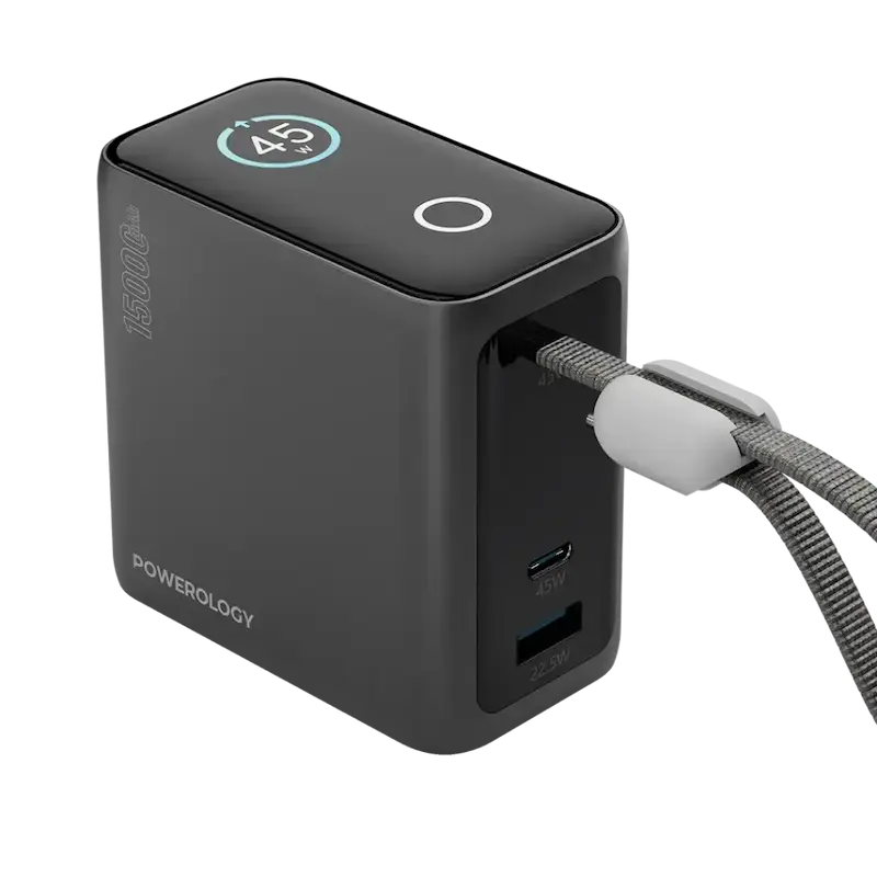پاوربانک 15000mAh، Powerology پاوربانک، پاوربانک PD 45W، پاوربانک QC 22.5W، شارژر همراه سریع، پاوربانک کوچک و جمع‌وجور PPBCHA60BK | PPBCHA60GY با گارانتی