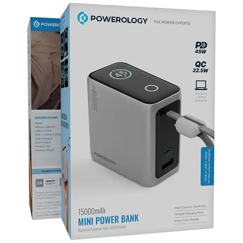 پاوربانک 15000mAh، Powerology پاوربانک، پاوربانک PD 45W، پاوربانک QC 22.5W، شارژر همراه سریع، پاوربانک کوچک و جمع‌وجور PPBCHA60BK | PPBCHA60GY با گارانتی