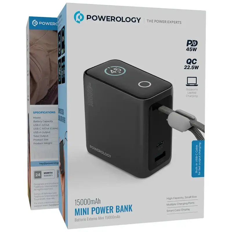 پاوربانک 15000mAh، Powerology پاوربانک، پاوربانک PD 45W، پاوربانک QC 22.5W، شارژر همراه سریع، پاوربانک کوچک و جمع‌وجور PPBCHA60BK | PPBCHA60GY با گارانتی