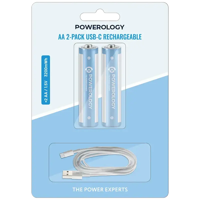 باتری قلمی قابل شارژ پاورولوژی، Powerology AA USB-C Rechargeable Batteries، باتری قابل شارژ AA، باتری USB-C AA، باتری قابل شارژ دو عددی، باتری AA چندبارمصرف PWAA322