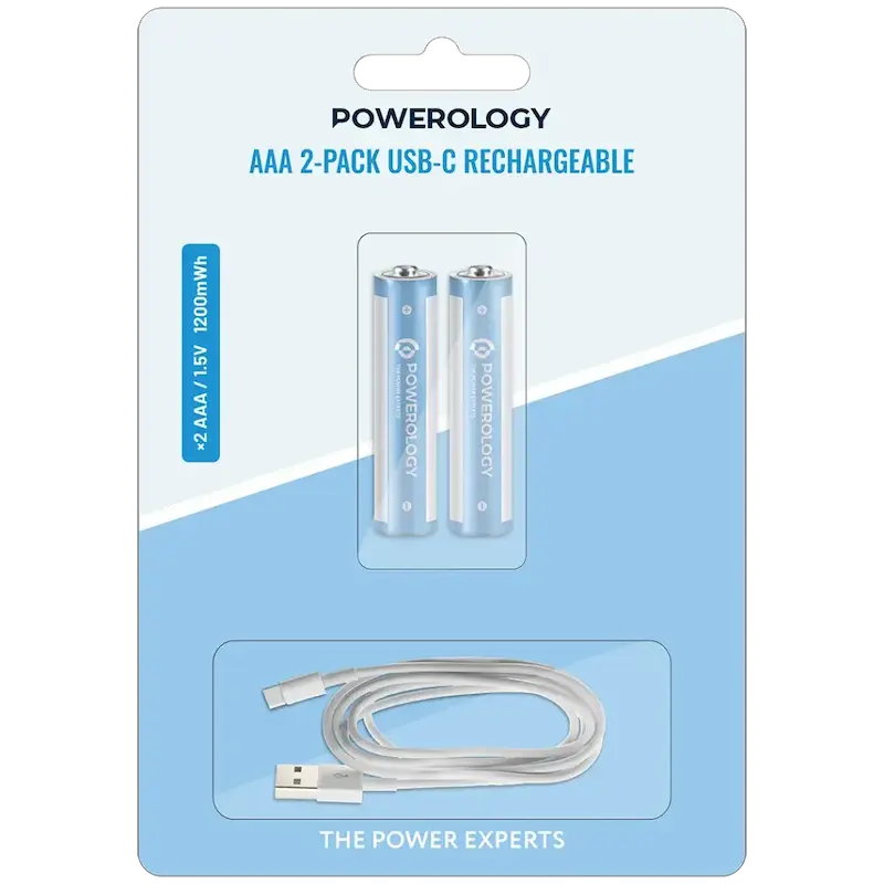 باتری نیم قلم AAA قابل شارژ پاورولوژی، Powerology AAA USB-C Rechargeable Batteries، باتری قابل شارژ AAA، باتری USB-C قابل شارژ، باتری AAA دو عددی، باتری چندبارمصرف PWAAA122