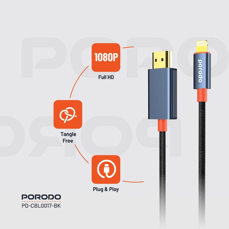 کابل Lightning به HDMI پرودو، Porodo Lightning to HDMI Cable، PD-CBL0017-BK، کابل انتقال تصویر آیفون به تلویزیون، کابل HDMI برای آیفون، کابل ویدئو آیفون با گارانتی