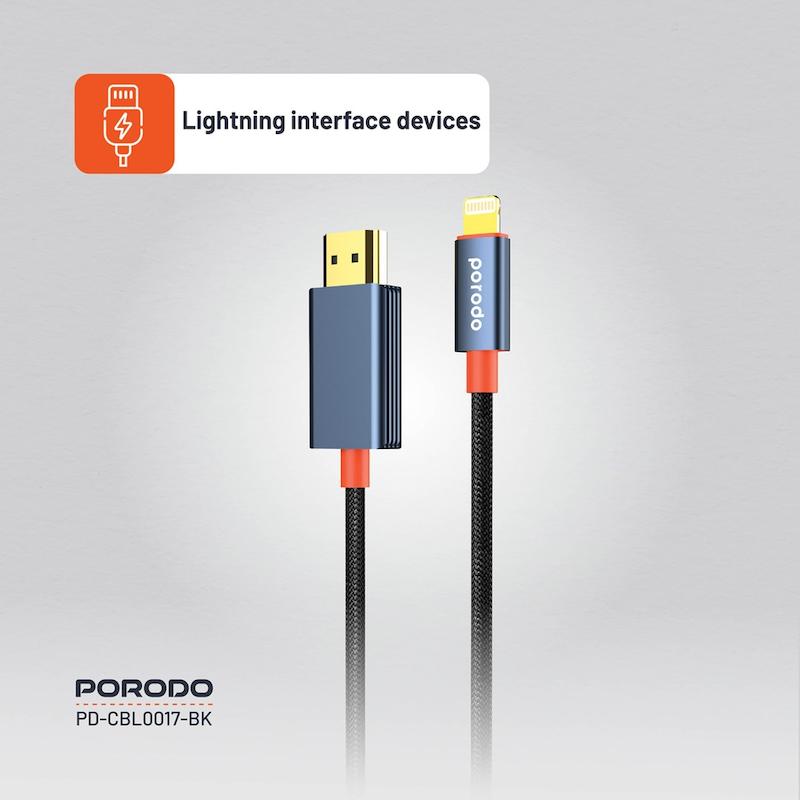 کابل Lightning به HDMI پرودو، Porodo Lightning to HDMI Cable، PD-CBL0017-BK، کابل انتقال تصویر آیفون به تلویزیون، کابل HDMI برای آیفون، کابل ویدئو آیفون با گارانتی