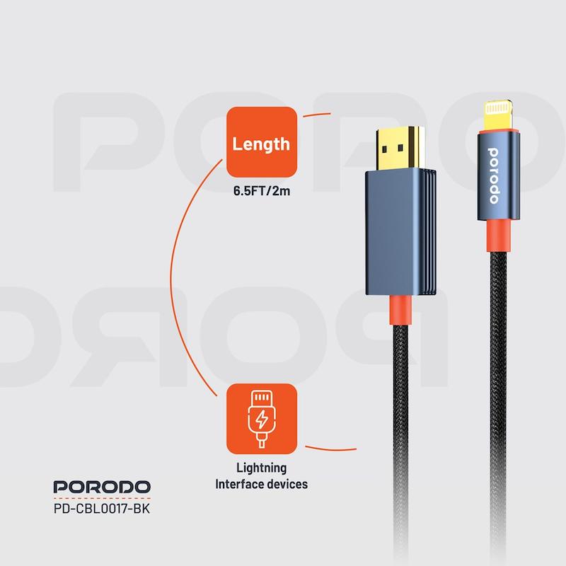 کابل Lightning به HDMI پرودو، Porodo Lightning to HDMI Cable، PD-CBL0017-BK، کابل انتقال تصویر آیفون به تلویزیون، کابل HDMI برای آیفون، کابل ویدئو آیفون با گارانتی
