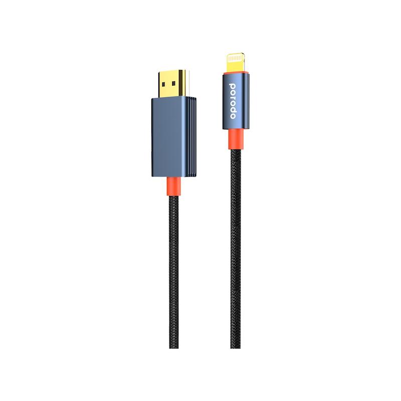 کابل Lightning به HDMI پرودو، Porodo Lightning to HDMI Cable، PD-CBL0017-BK، کابل انتقال تصویر آیفون به تلویزیون، کابل HDMI برای آیفون، کابل ویدئو آیفون با گارانتی