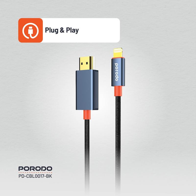 کابل Lightning به HDMI پرودو، Porodo Lightning to HDMI Cable، PD-CBL0017-BK، کابل انتقال تصویر آیفون به تلویزیون، کابل HDMI برای آیفون، کابل ویدئو آیفون با گارانتی