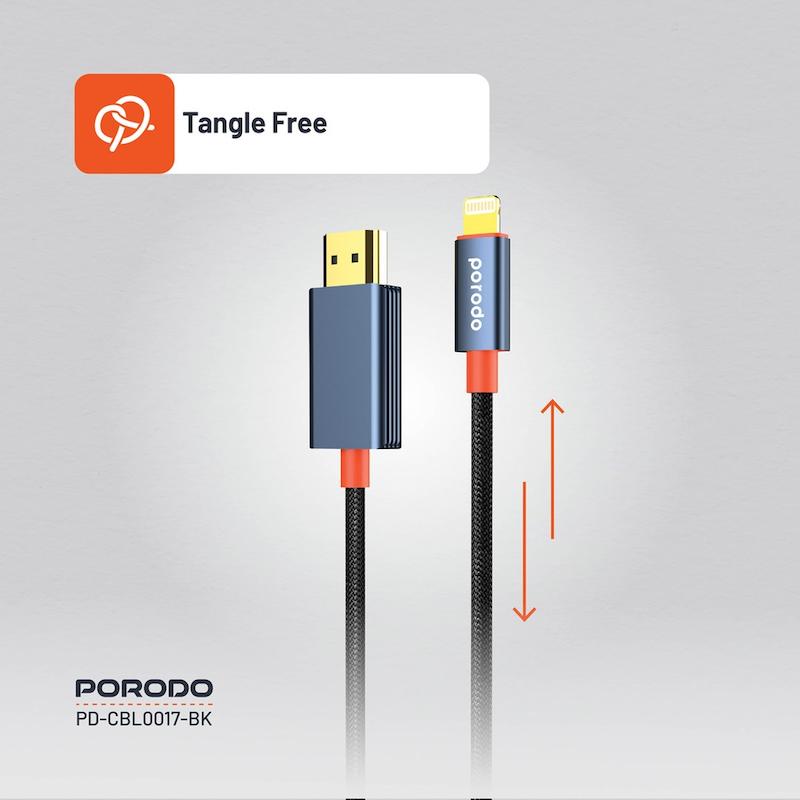 کابل Lightning به HDMI پرودو، Porodo Lightning to HDMI Cable، PD-CBL0017-BK، کابل انتقال تصویر آیفون به تلویزیون، کابل HDMI برای آیفون، کابل ویدئو آیفون با گارانتی