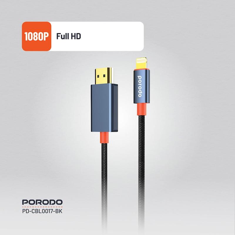 کابل Lightning به HDMI پرودو، Porodo Lightning to HDMI Cable، PD-CBL0017-BK، کابل انتقال تصویر آیفون به تلویزیون، کابل HDMI برای آیفون، کابل ویدئو آیفون با گارانتی