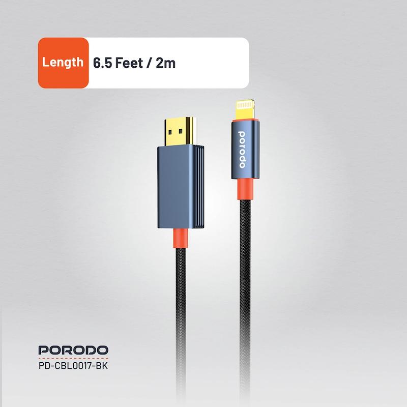 کابل Lightning به HDMI پرودو، Porodo Lightning to HDMI Cable، PD-CBL0017-BK، کابل انتقال تصویر آیفون به تلویزیون، کابل HDMI برای آیفون، کابل ویدئو آیفون با گارانتی