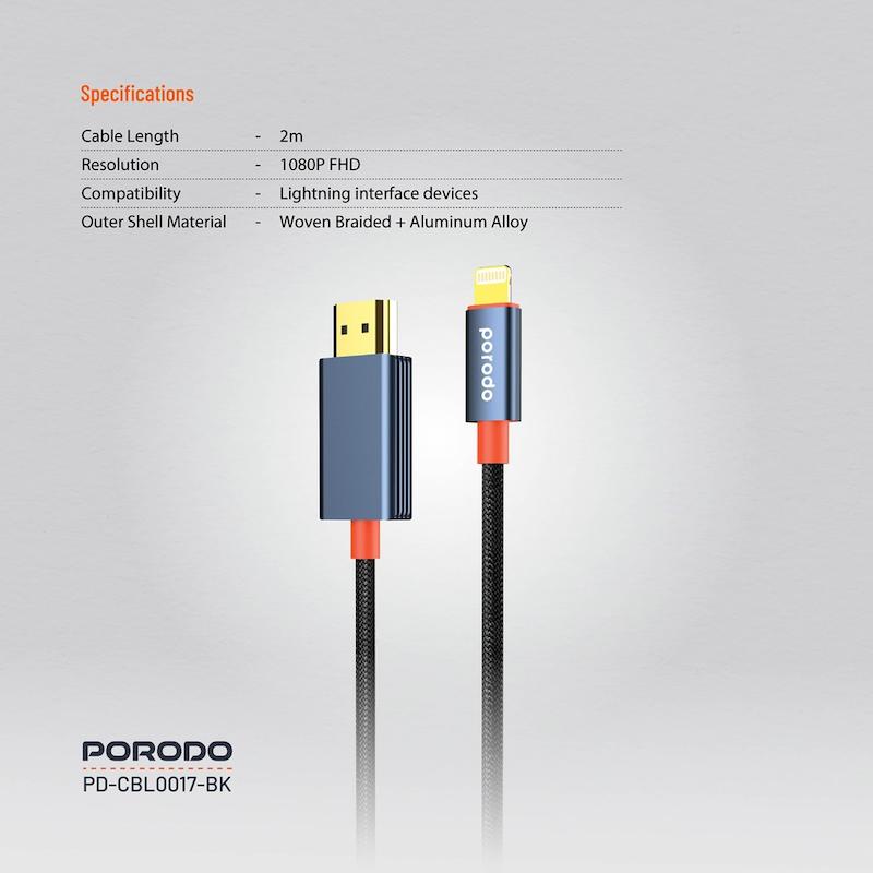 کابل Lightning به HDMI پرودو، Porodo Lightning to HDMI Cable، PD-CBL0017-BK، کابل انتقال تصویر آیفون به تلویزیون، کابل HDMI برای آیفون، کابل ویدئو آیفون با گارانتی